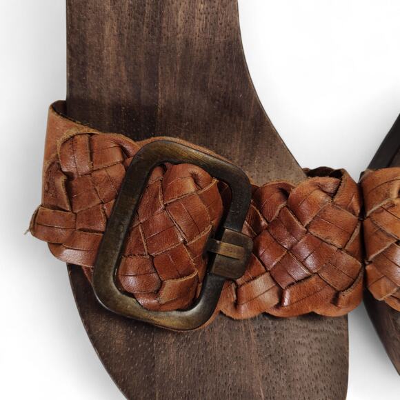 MIA Woven Leather Wood Platform Sandals Brown Buckle Slide Heels Size 8 - Picture 14 of 16